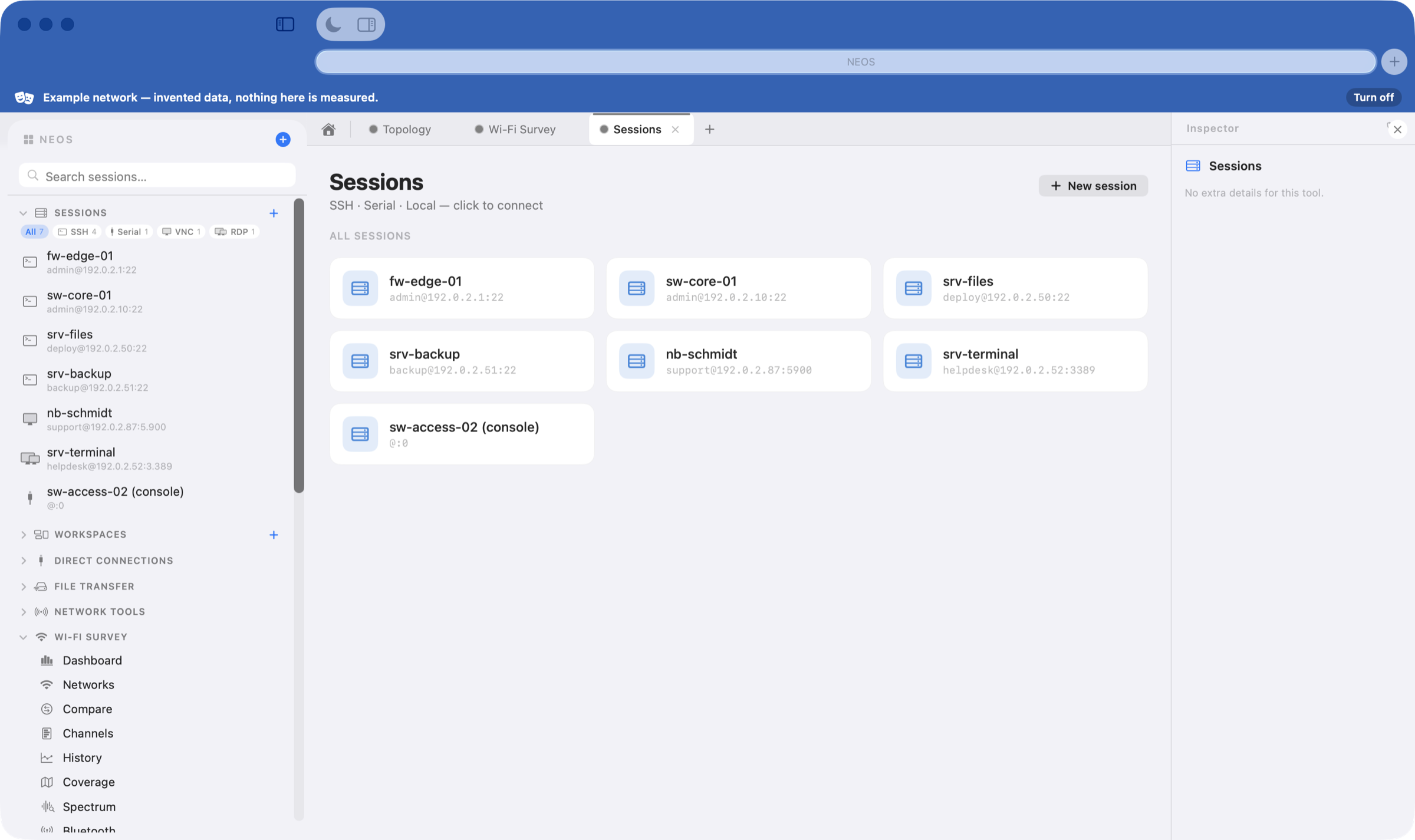 Session list with SSH, SFTP, VNC, RDP and serial connections