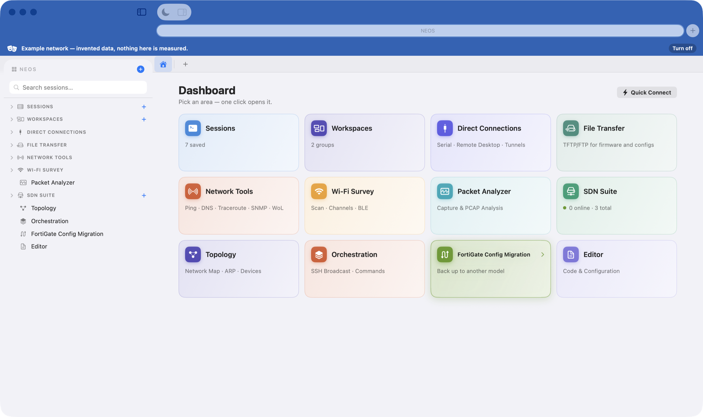 The NEOS dashboard with every area on one screen