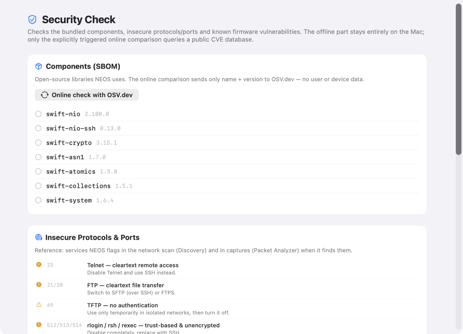 Security centre with the offline checks