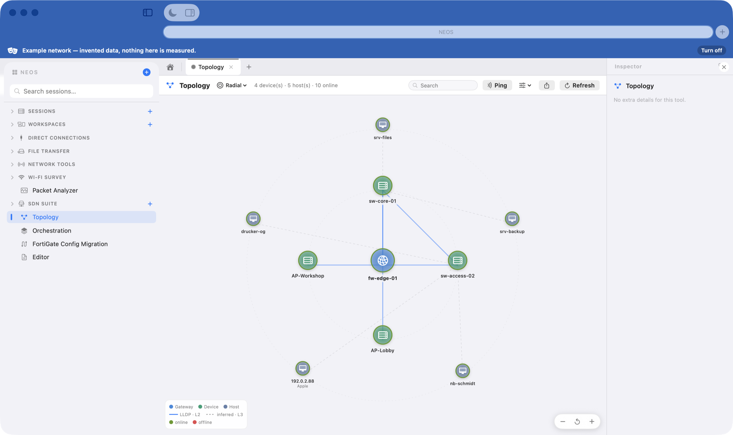 Topology map with the gateway, switches, access points and hosts